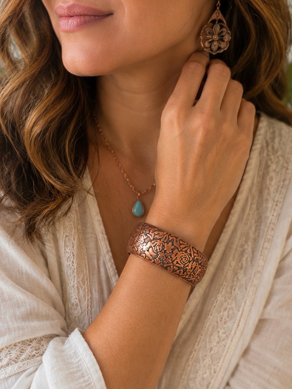 Artisan Engraved Copper Tone  Cuff Bracelet Wide Floral Botanical